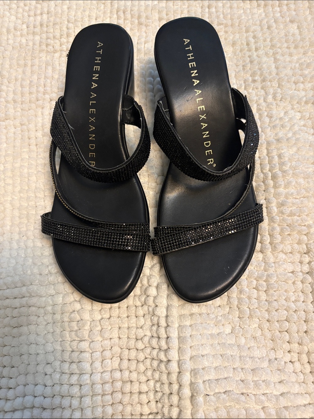 Athena Alexander Black Rhinestone Double-Strap Slide Sandals